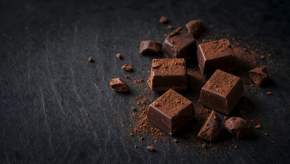 Dark Chocolate Squares with Cocoa Powder Macro Shot