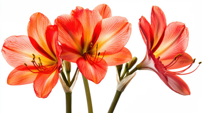 Translucent orange amaryllis flowers with striking yellow centers stand gracefully against a pristine white backdrop showing delicate details and textures so beautifully.