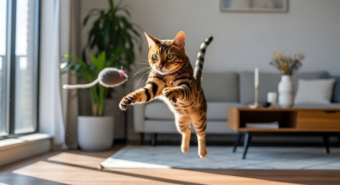 Leaping bengal cat in mid air chasing toy mouse indoors
