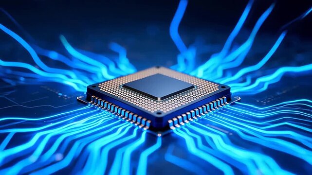 Close-up of a microprocessor chip on a circuit board with glowing blue pathways
