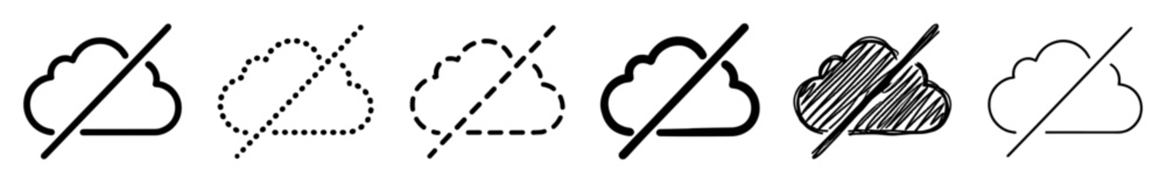 Set of black no cloud icons in various line art and hand-drawn styles like dotted, dashed, and scribble, representing an offline status, no connection, or unavailable data