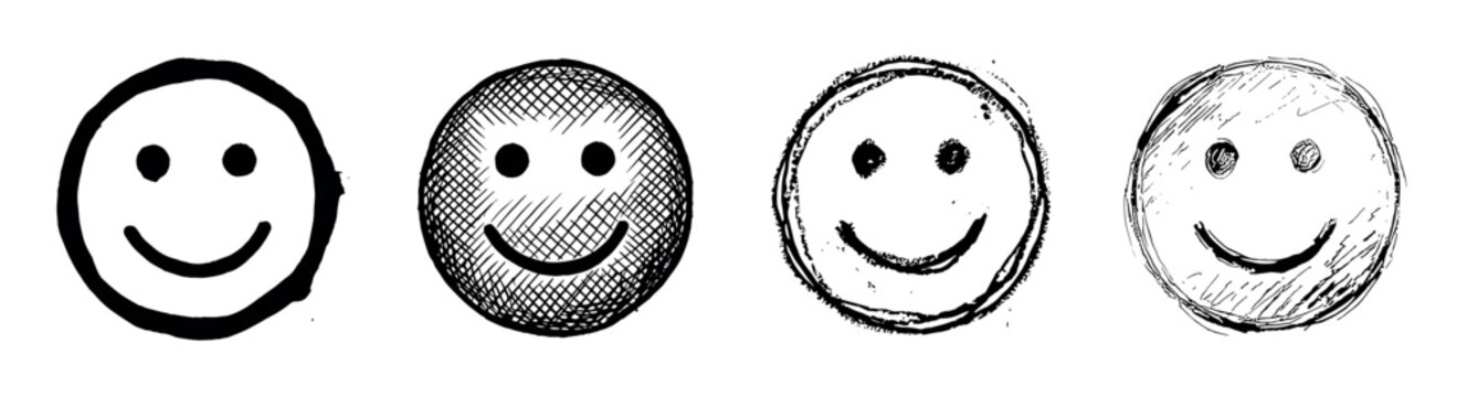 Four hand-drawn black smiley face icons in a row showcasing different artistic styles, including simple ink, crosshatch shading, grunge stamp effect, and messy sketch lines