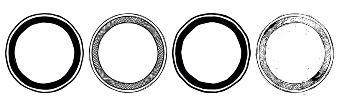 Four black hand drawn circular frames with different textures, including solid ink, crosshatch, and distressed grunge sketch styles, creating a versatile set of graphic design elements