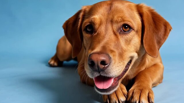 Brown dog resting on blue surface