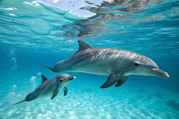 Fototapeta premium A pair of dolphins, likely a mother and calf, swim gracefully through clear turquoise water
