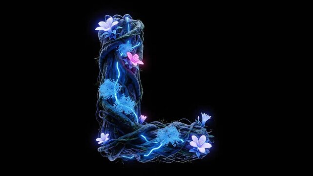 Fantasy jungle capital letter L made of dark tangled roots and vines with glowing blue light effects isolated on a pure black background 3D render