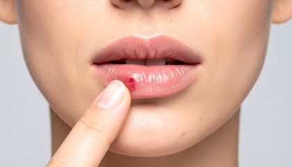 Naklejka premium Close up female lips gently touched by fingers emphasizing cosmetic beauty detail