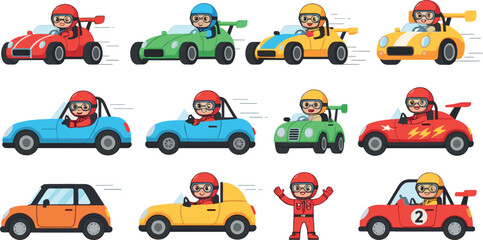 Cute cartoon racing cars with drivers, colorful toy vehicles and racers, playful speed and competition concept, flat vector illustration set for kids designs © Yevhenii creative