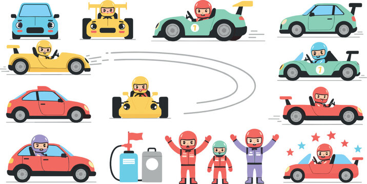 Cute cartoon racing cars and drivers vector set, colorful toy vehicles, pit stop and race celebration scenes, playful flat illustration for kids designs