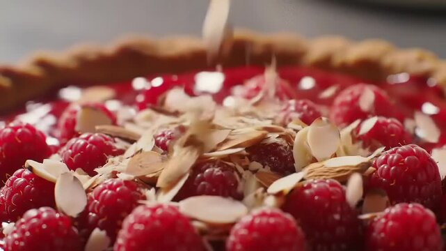 Raspberry pie with almond flakes closeup.