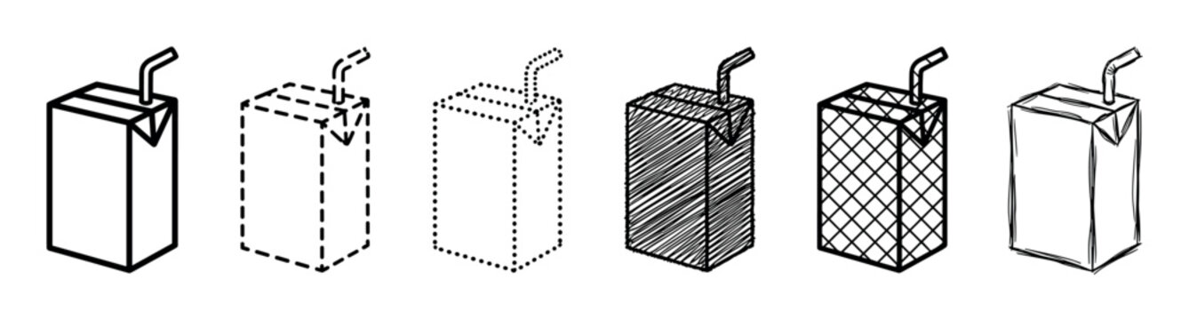 Set of six hand-drawn juice box icons in various artistic styles including outline, dashed, dotted, scribble, and sketch for graphic design elements