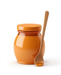 Honey clay jar with wooden spoon isolated on white background, stylized 3D illustration. Natural sweet product, beekeeping, healthy food ingredient, organic golden syrup, simple art, kitchen item.