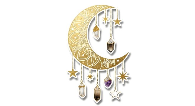 Ilustrasi stiker bulan sabit berwarna emas dengan motif mandala yang detail, dihiasi kristal gantung dan bintang-bintang bergaya boho spiritual.