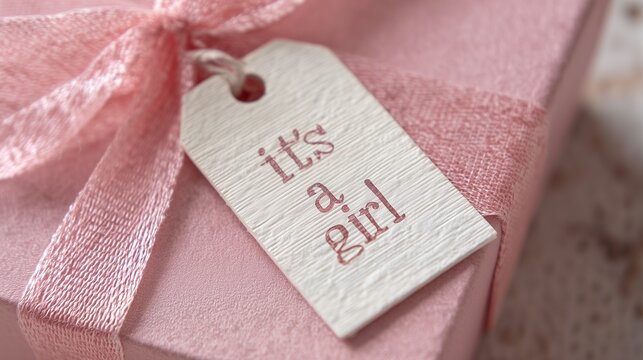 Close-up tag with text 'It's a Girl' on baby pink gift box. Baby shower, newborn announcement, celebration, gift wrapping, parenting joy, special occasion, family blessing.
