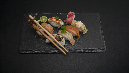 Assorted Sushi Set on Black Slate with Chopsticks