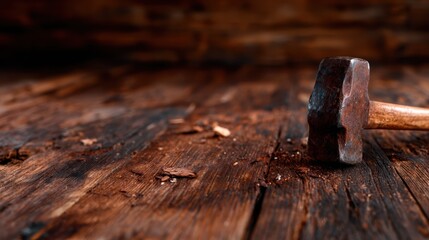 An aged, rustic hammer sits atop a weathered wooden surface scattered with wood shavings, embodying craftsmanship and the art of traditional woodworking processes.