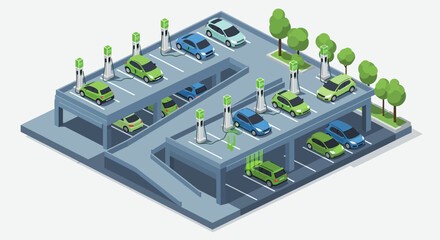 Fototapeta premium Aerial view of a multi-level parking garage with cars and trees in an urban environment electric vehicle, charging station, ev infrastructure, clean energy, smart city