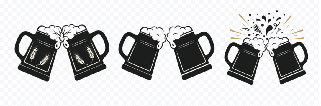 Celebratory toast with two beer mugs clinking, overflowing with foam and festive splashes