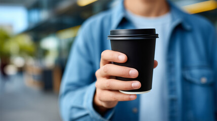 Obraz premium Faceless person holding a takeaway coffee cup on a city street, macro close-up on hands and cup details, blurred urban background