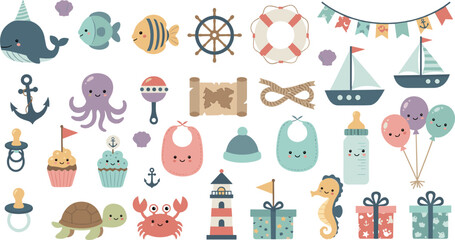 Cute nautical and ocean themed baby icons set with sea animals, ships, anchors and gifts, colorful flat vector illustration for kids designs © Yevhenii creative