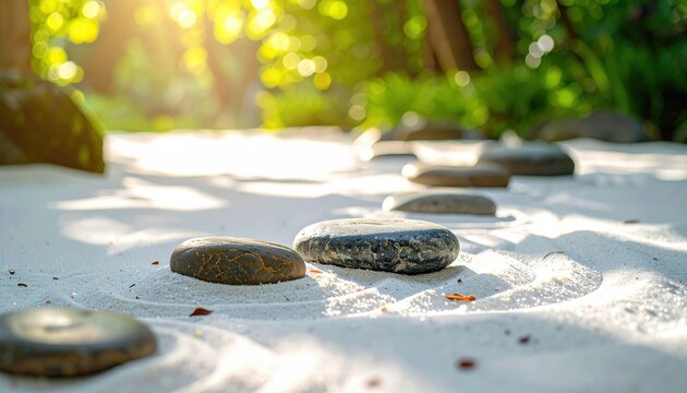 Zen garden stones arranged in raked sand with dappled sunlight creating a peaceful and balanced atmosphere
