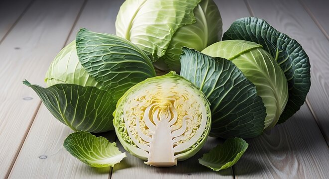 A vibrant display of fresh cabbages on a rustic wooden table with one cut open