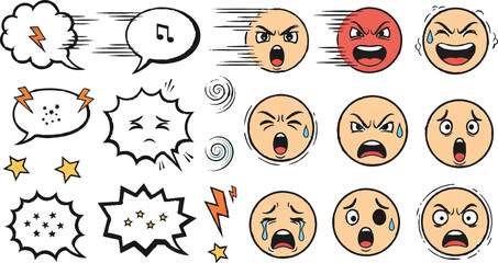 Obraz premium Emoji expressions set. Vector cartoon emoticons collection. Cute smiley faces showing different emotions: happy, sad, angry, crying, surprise. Funny character