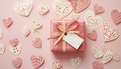Valentine's Day Gift Box with Paper Hearts on Pink Background