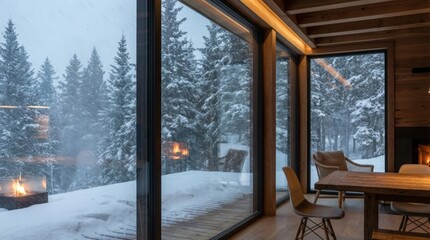 Cozy Modern Wooden Cabin Interior with Large Windows Overlooking Snowy Pine Forest and Outdoor Fire Pit at Dusk