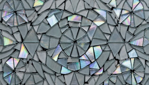 Abstract geometric mosaic crafted from broken recycled CDs