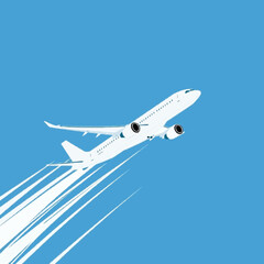 Obraz premium A white airplane flying upwards with contrails against a blue sky