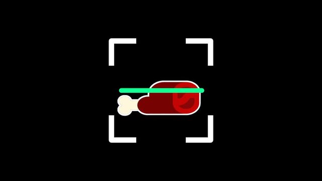 A large piece of red meat on a bone is positioned over a green scanning line to represent food science or the nutritional analysis of a protein source within a digital kitchen system