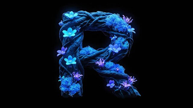 Botanical alphabet R made of intertwined dark roots and vines featuring glowing electric blue neon flowers and luminescent moss against a solid black backdrop