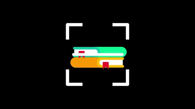 A stack of green and orange books is centered within the scanning frame to represent education or a library of knowledge being organized and processed by a digital information software tool