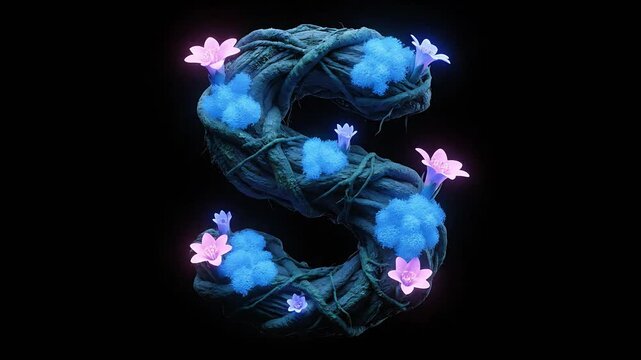 Stylized 3D letter S formed by tangled jungle vines and dark roots covered in glowing blue textured moss clusters and small pink bioluminescent buds against a black backdrop
