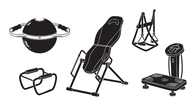 Black and White Fitness Equipment Icons Set, Inversion Table, Vibration Plate, and Stability Ball