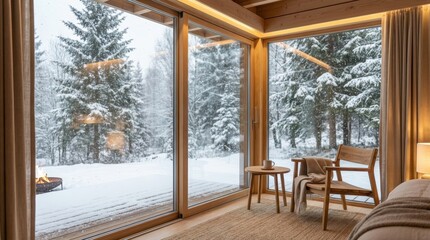 Cozy Modern Wooden Cabin Interior with Large Windows Overlooking Snowy Pine Forest and Outdoor Fire Pit at Dusk