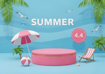 Fototapeta premium A vibrant summer scene with a pink umbrella and beach chair