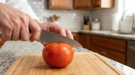 Professional Chef Slicing Fresh Red Tomatoes on Wooden Cutting Board in a Bright Modern Kitchen