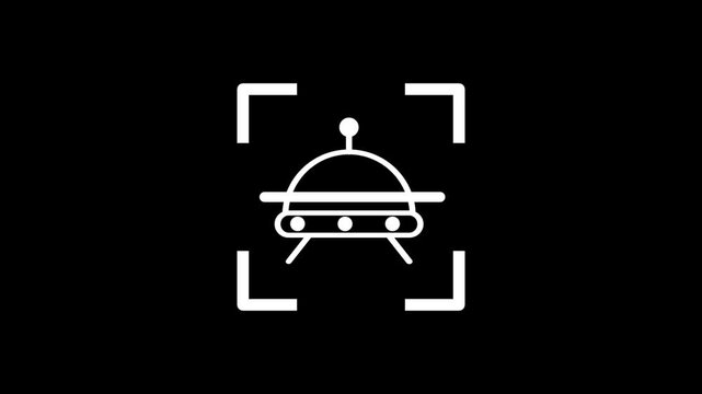 The white flying saucer or alien spacecraft icon is centered in the digital frame to represent science fiction themes or the search for extraterrestrial life within the vast and deep outer space