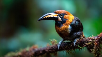 Naklejka premium A colorful toucan perches on a moss-covered branch, surrounded by lush greenery in a vibrant rainforest, showcasing the beauty of wildlife and nature.