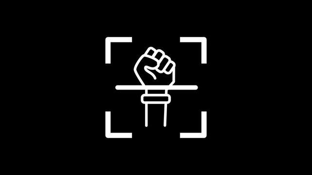A clenched white fist is framed by the scanning brackets to represent strength or a unified movement being identified or monitored by a digital social or political analysis software system