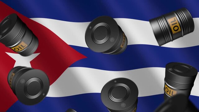 Falling oil barrels against the backdrop of the Cuban flag.