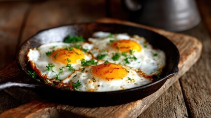 Three perfectly fried eggs in a cast iron skillet, served on a wooden table, combining comfort food with a rustic charm and inviting a sense of warmth in breakfast culture.