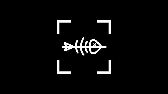 The white skeleton of a fish is positioned above the scanning line to represent marine biology or the remains of a creature being analyzed by a high tech archaeological or scientific system