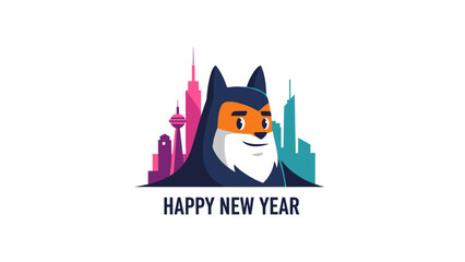 Joyful Fox Character in Cityscape, Happy New Year Greeting