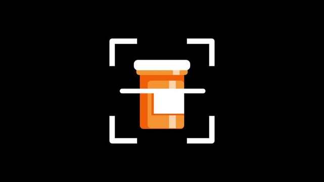A white pill bottle with an orange label is framed by the scanning brackets to signify a prescription or medication management within a modern medical or pharmacy record keeping system.