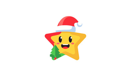 Cute Christmas Star Character with Santa Hat and Pine Tree