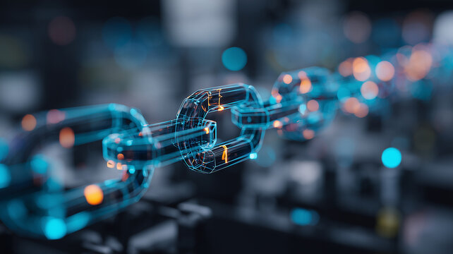 Transparent blockchain chain structure representing decentralized network security data integrity and distributed ledger technology concept.
