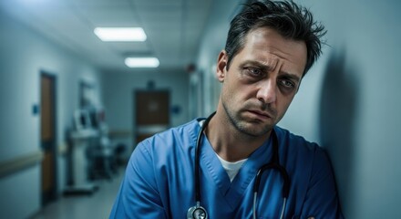 Obraz premium Exhausted male nurse in blue scrubs with stethoscope in hospital corridor